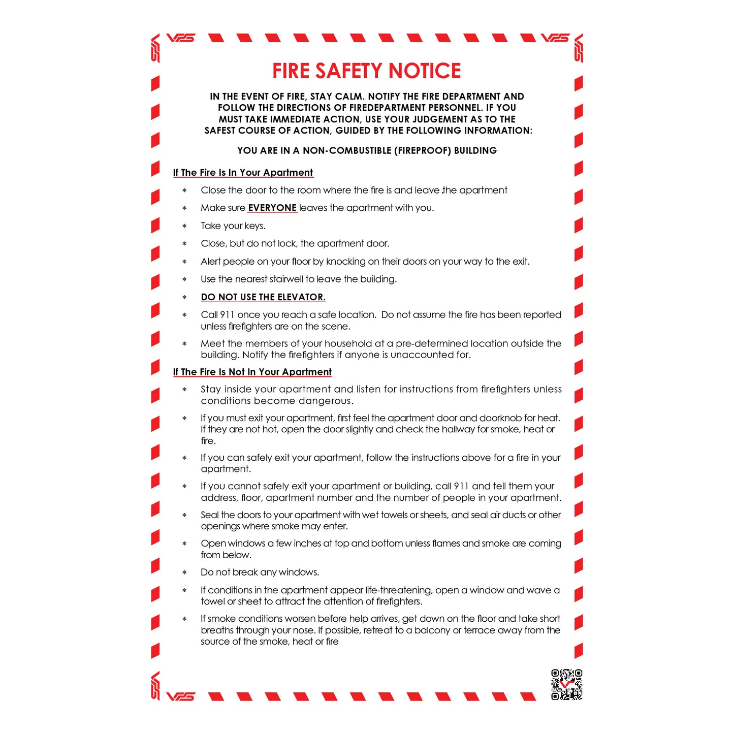 A fire safety notice with red and white text outlining emergency procedures and instructions for occupants.