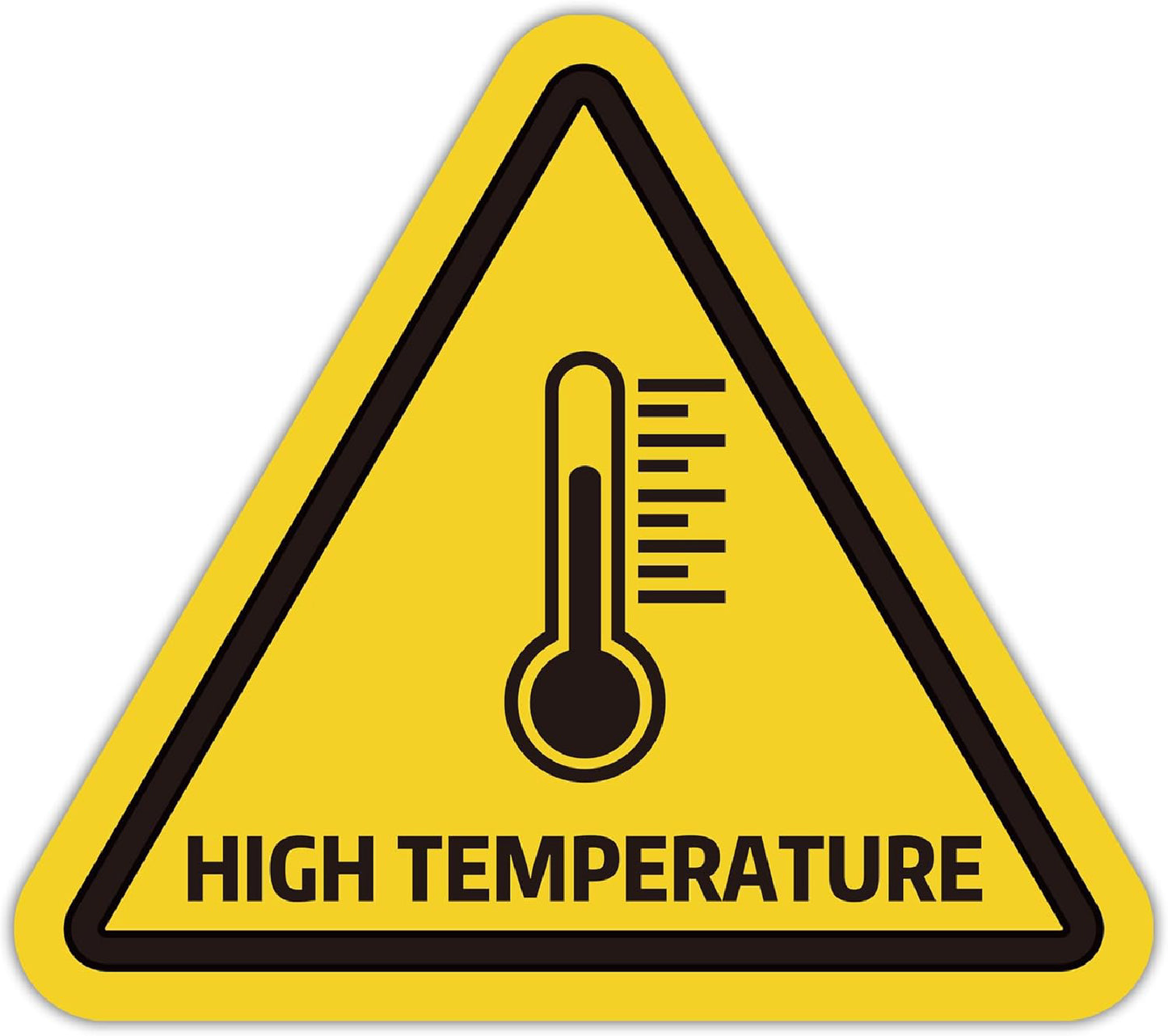 OSHA compliant yellow triangular high temperature warning label with black print and icon of a thermometer.