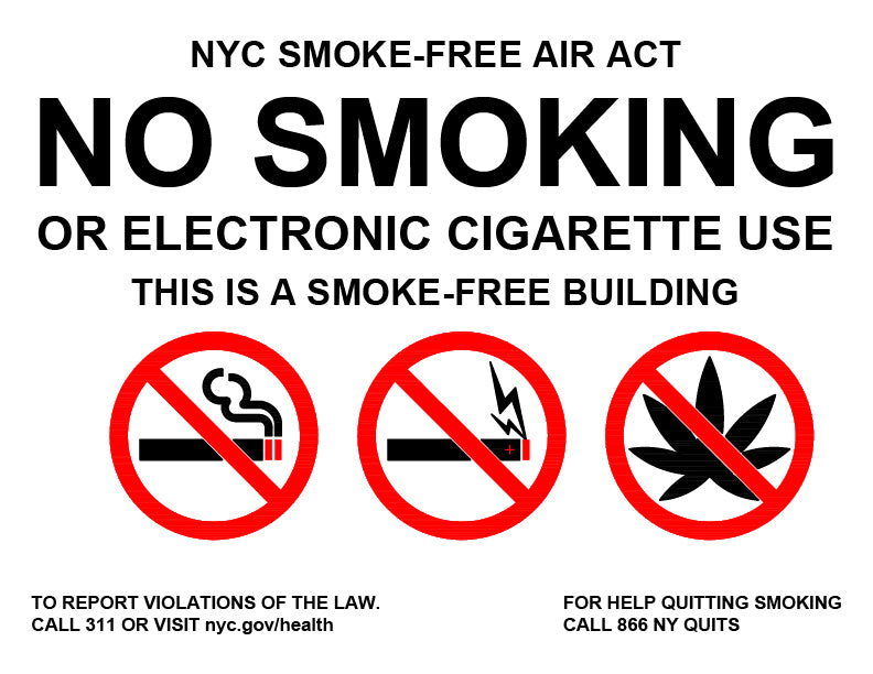 No smoking or electronic cigarette use sign with symbols and contact information for the NYC Smoke-Free Air Act.