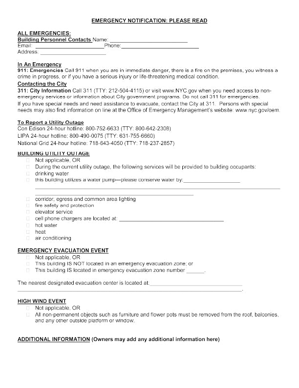 Emergency notification form with contact information and instructions on a white background