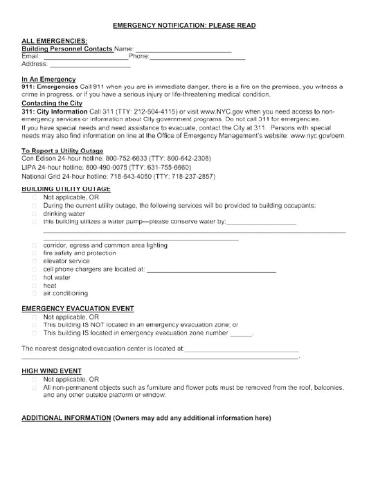 Emergency notification form with contact information and instructions on a white background