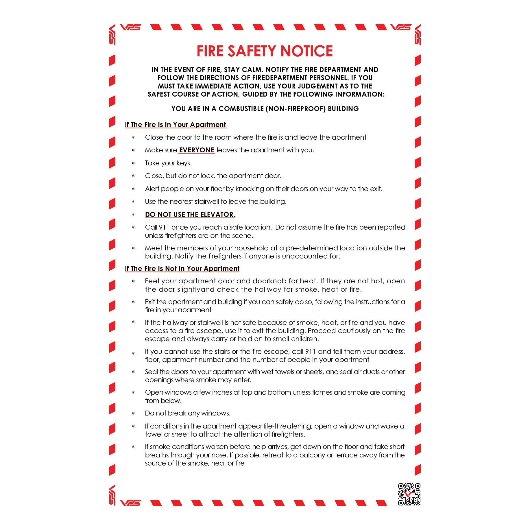 Fire safety notice with red border and text on a white background