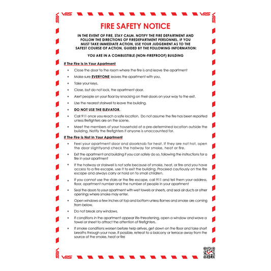 Fire safety notice with red border and text on a white background