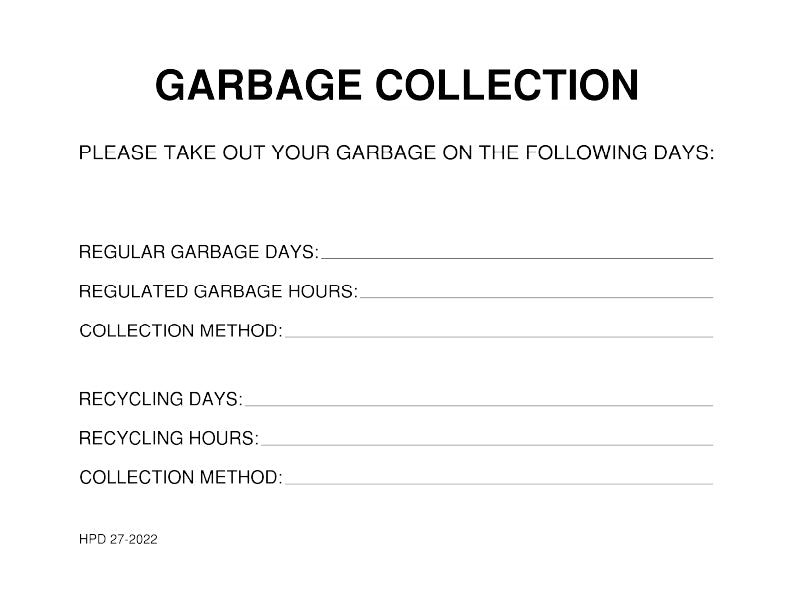 Garbage collection schedule form with fields for regular and recycling days, hours, and methods.