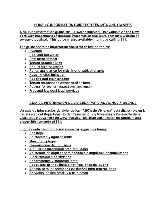 Text document about housing information guide for tenants and owners on a white background