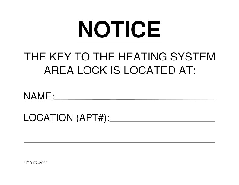 Notice card for heating system key location with fields for name and location.