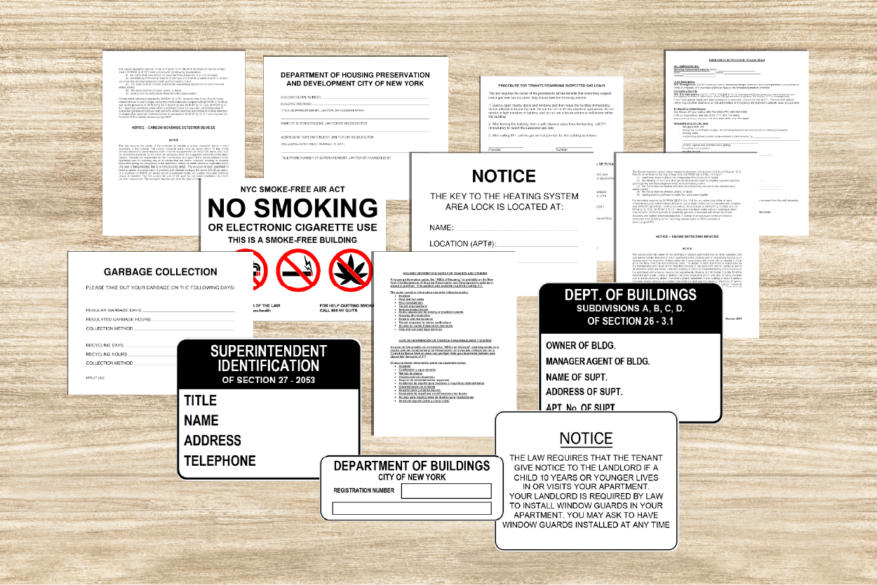 Collection of various signs and notices on a wooden surface
