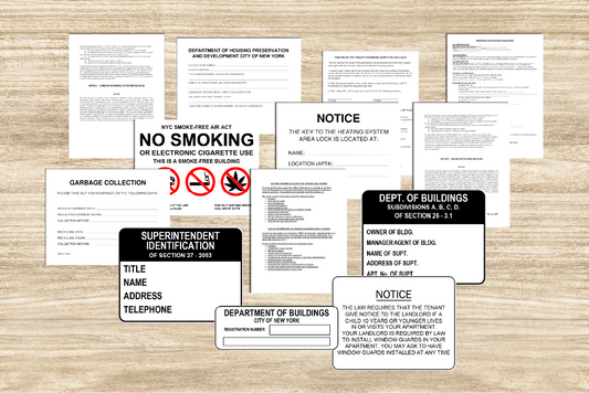 Collection of various signs and notices on a wooden surface