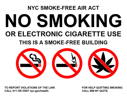 No smoking or electronic cigarette use sign with symbols and contact information for the NYC Smoke-Free Air Act.