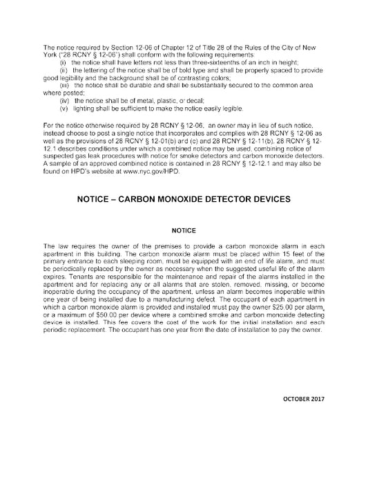 Notice regarding carbon monoxide detector devices in New York City, with text on a white background.