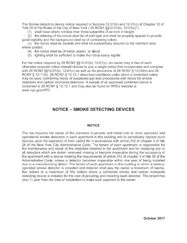 Text document detailing requirements for smoke detecting devices in accordance with New York City laws.
