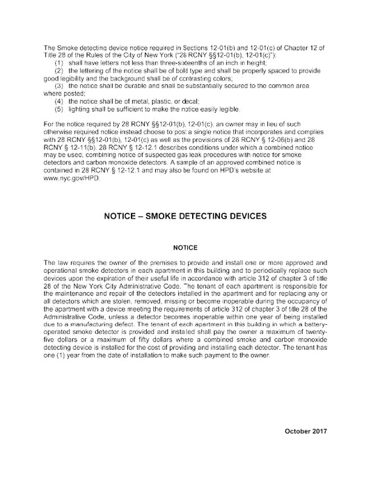 Text document detailing requirements for smoke detecting devices in accordance with New York City laws.