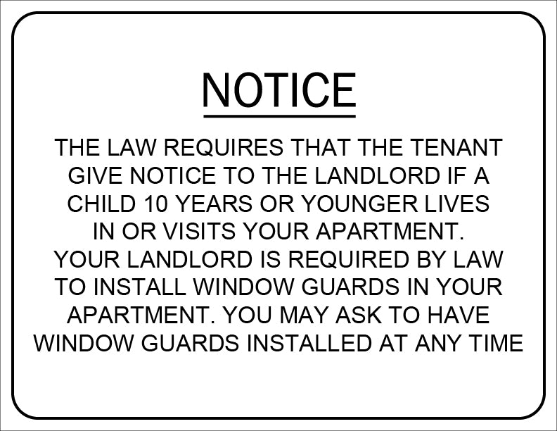 Notice sign about child safety regulations for landlords and tenants.
