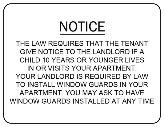 Notice sign about child safety regulations for landlords and tenants.
