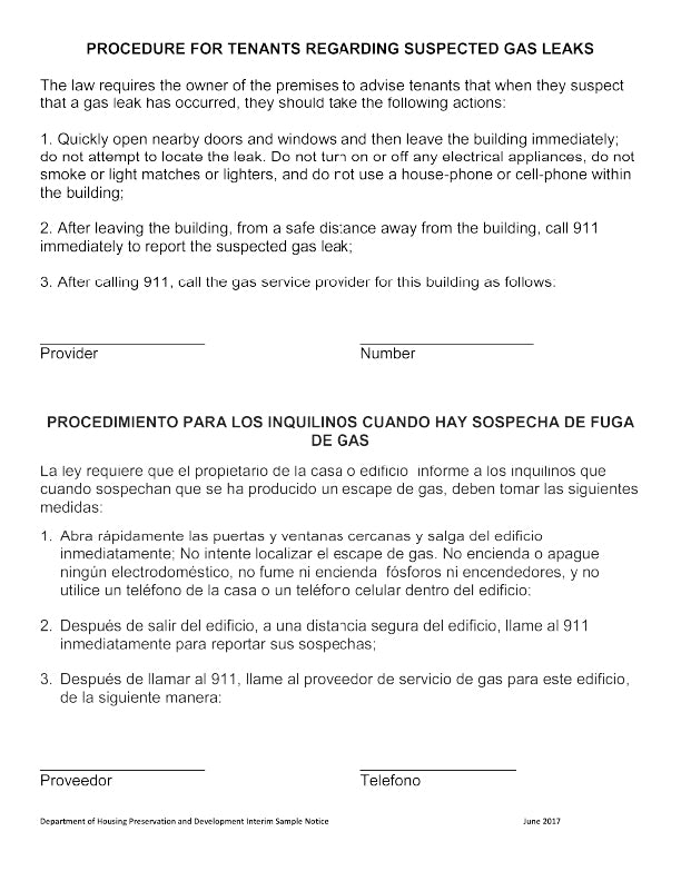 Document detailing procedures for tenants regarding suspected gas leaks, with text in English and Spanish.