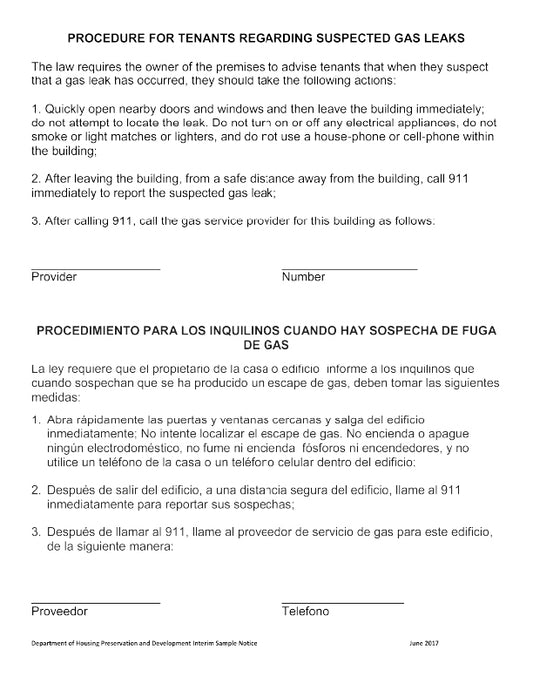 Document detailing procedures for tenants regarding suspected gas leaks, with text in English and Spanish.